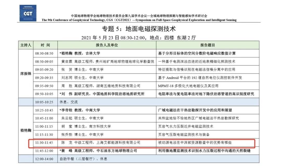 2021年5月中国地球物理学会地球物理技术委员会第九届学术会议安排表